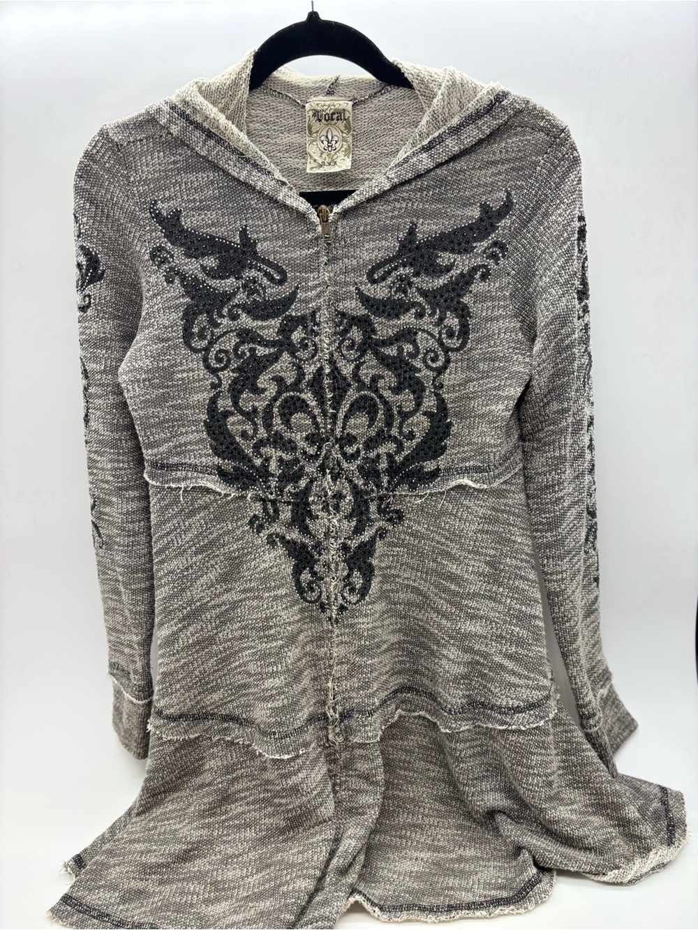 Vocal Gray Hooded Zip-Front Knit Top with Black Decorative Motif
